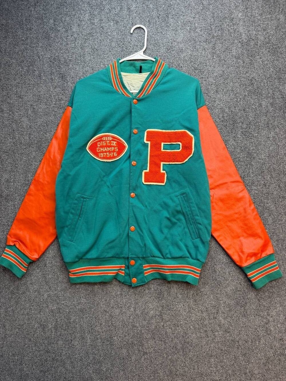 Vintage Powers Men's 42 Green Orange Varsity Jacket 1975-76 Champs Letter P